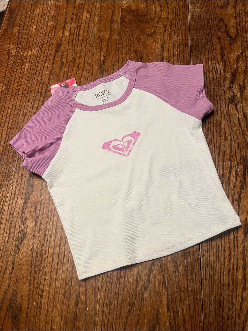 Roxy White Crop Tee with Lavender Raglan Sleeves and Logo